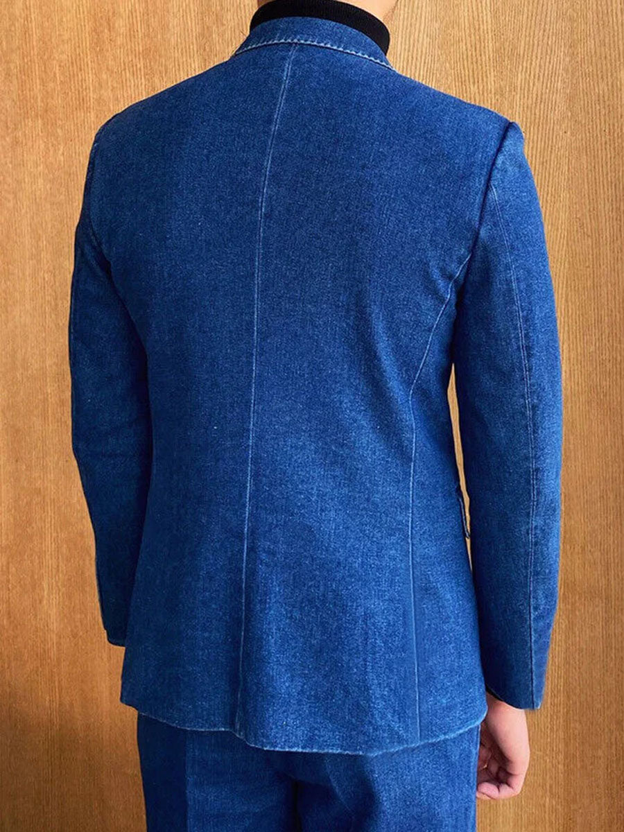 Double-Breasted 3-Pocket Lapel Casual Denim Blazer - Image 4