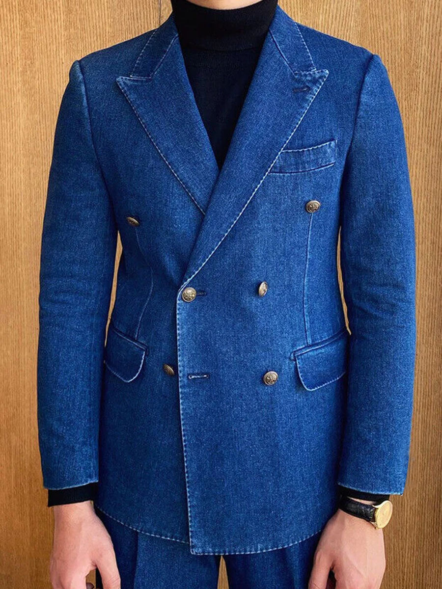 Double-Breasted 3-Pocket Lapel Casual Denim Blazer - Image 2