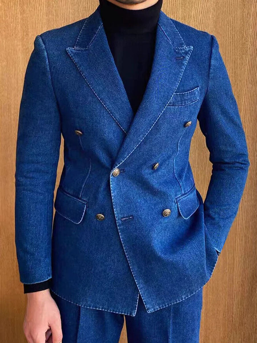 Double-Breasted 3-Pocket Lapel Casual Denim Blazer
