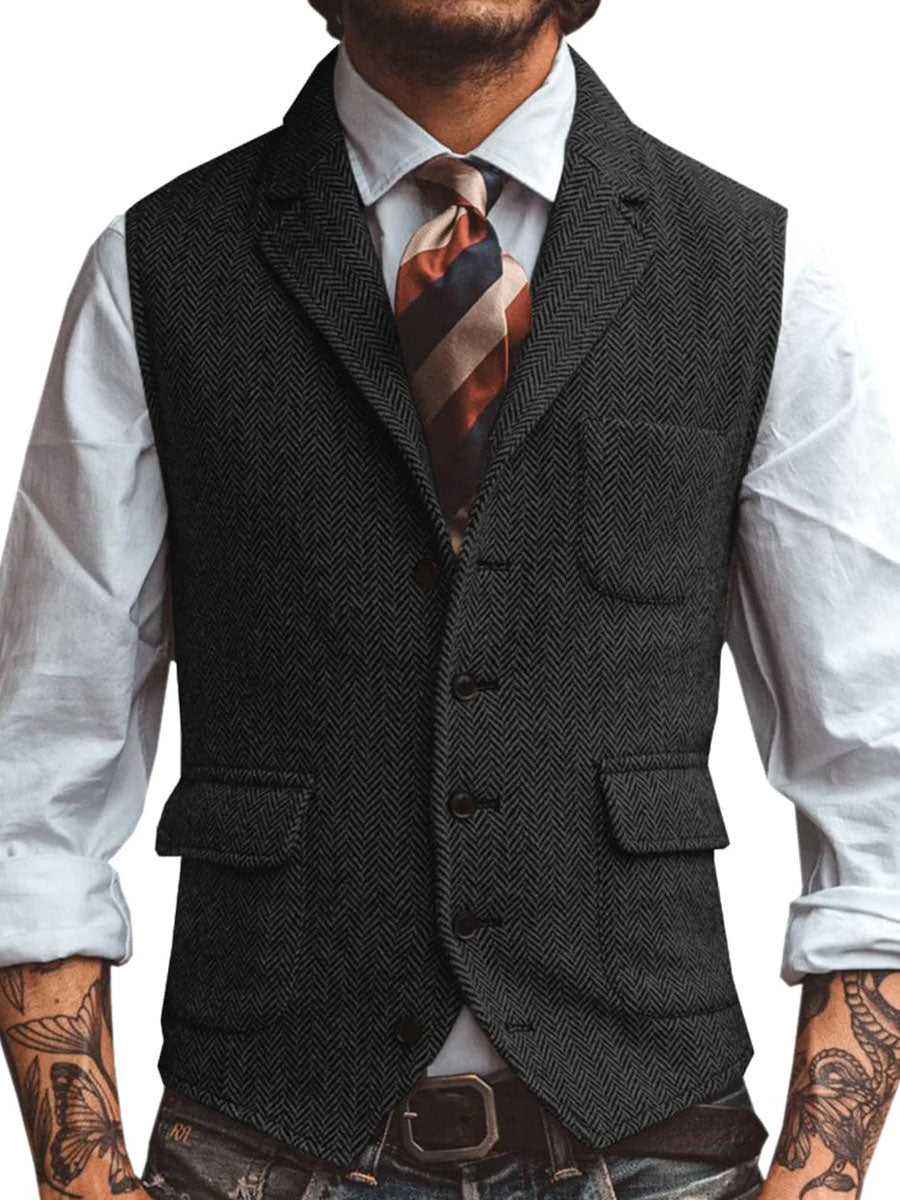3-Pocket Lapel Herringbone Casual Vest - Image 3