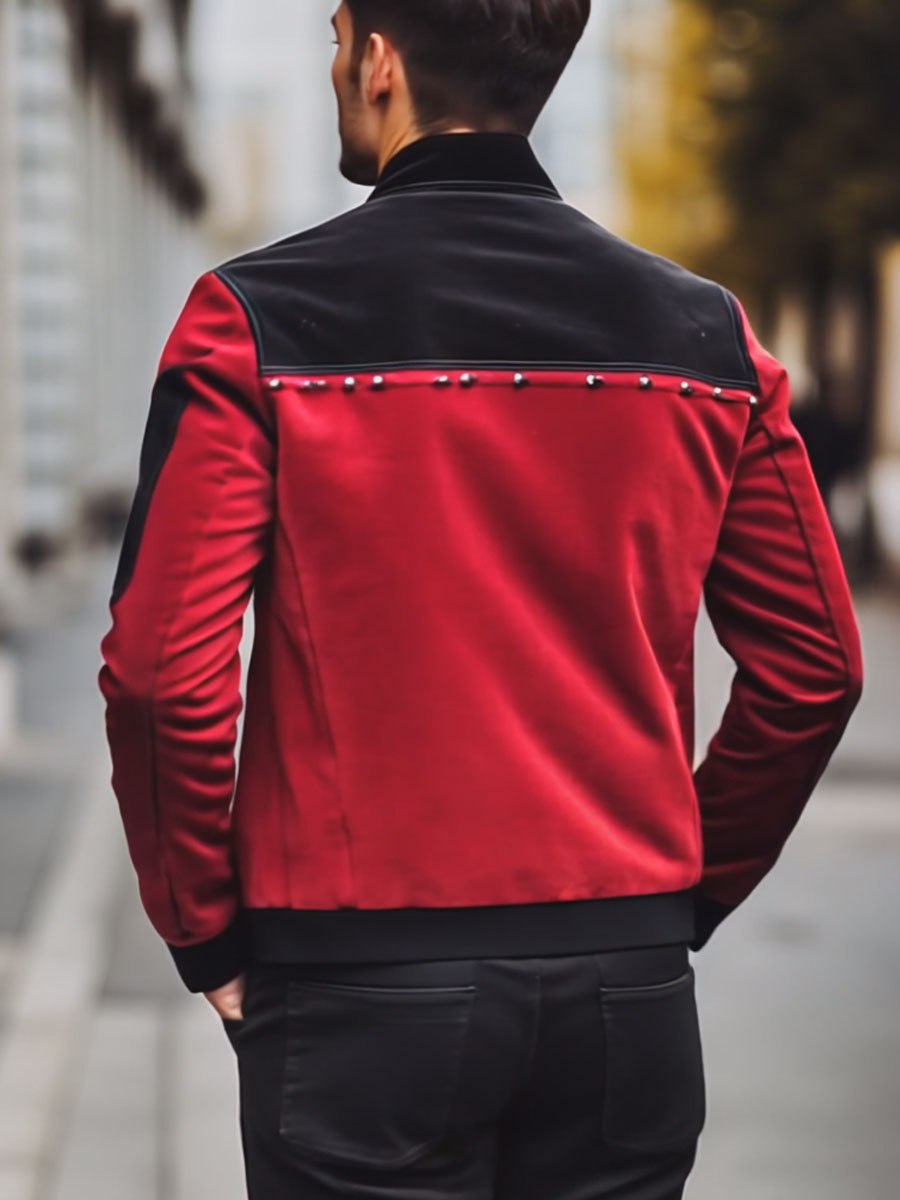 Men's Retro Contrast Color Stitching Suede Rivet Stand Collar Jacket - Image 3