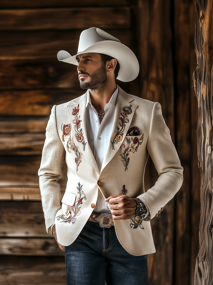 Vintage Western Style Embroidered Cotton and Linen Blazer - Image 4