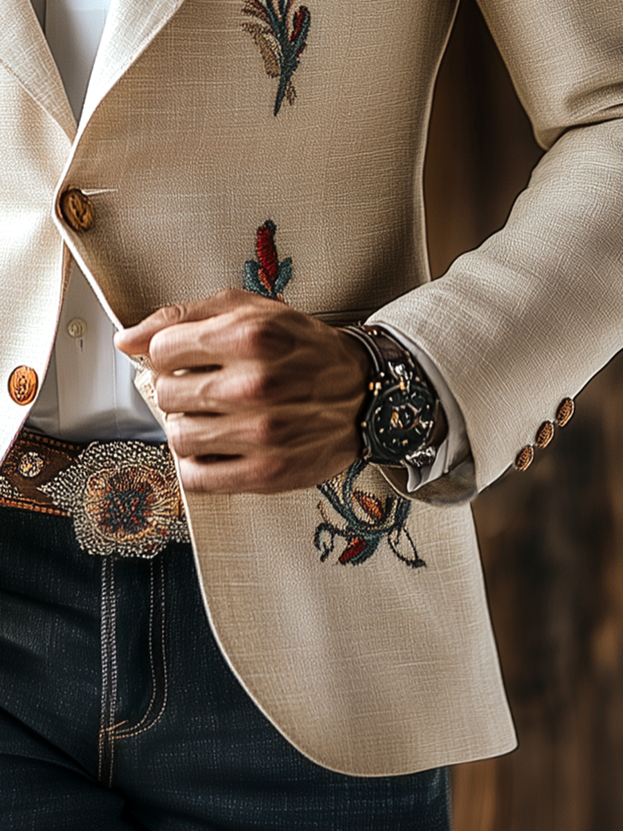 Vintage Western Style Embroidered Cotton and Linen Blazer - Image 6