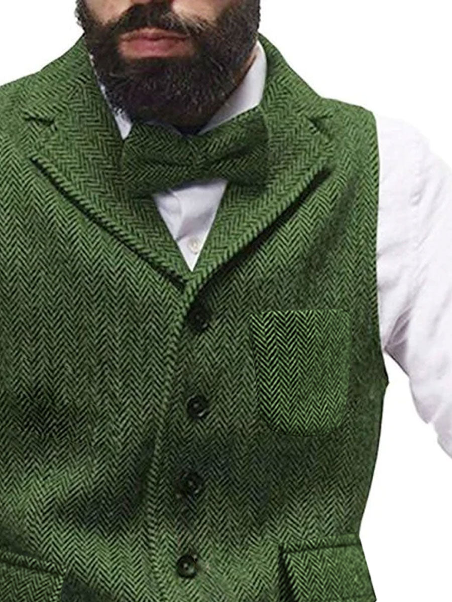 Men's Tweed Single Breasted Herringbone Pocket Suit Vest