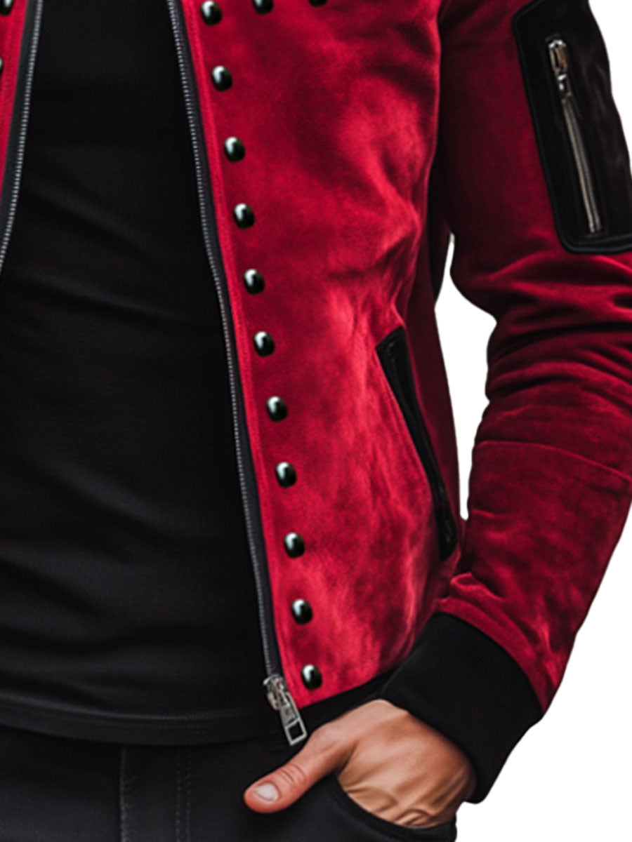 Men's Retro Contrast Color Stitching Suede Rivet Stand Collar Jacket - Image 6