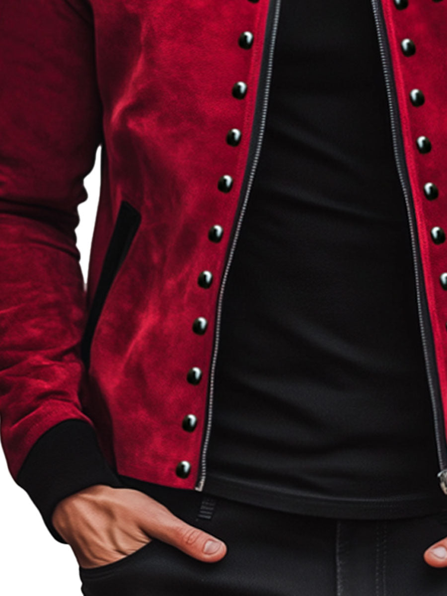 Men's Retro Contrast Color Stitching Suede Rivet Stand Collar Jacket - Image 5