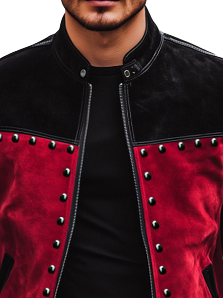 Men's Retro Contrast Color Stitching Suede Rivet Stand Collar Jacket - Image 4