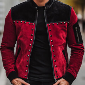 Men's Retro Contrast Color Stitching Suede Rivet Stand Collar Jacket