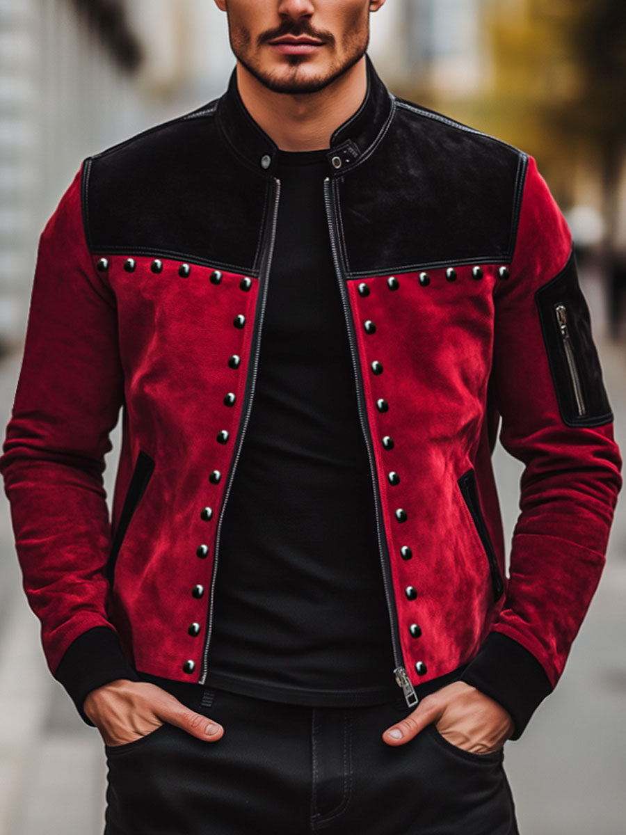 Men's Retro Contrast Color Stitching Suede Rivet Stand Collar Jacket
