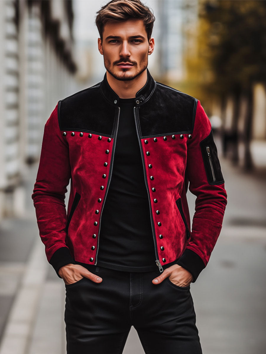 Men's Retro Contrast Color Stitching Suede Rivet Stand Collar Jacket - Image 7