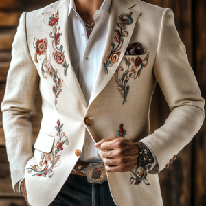 Vintage Western Style Embroidered Cotton and Linen Blazer