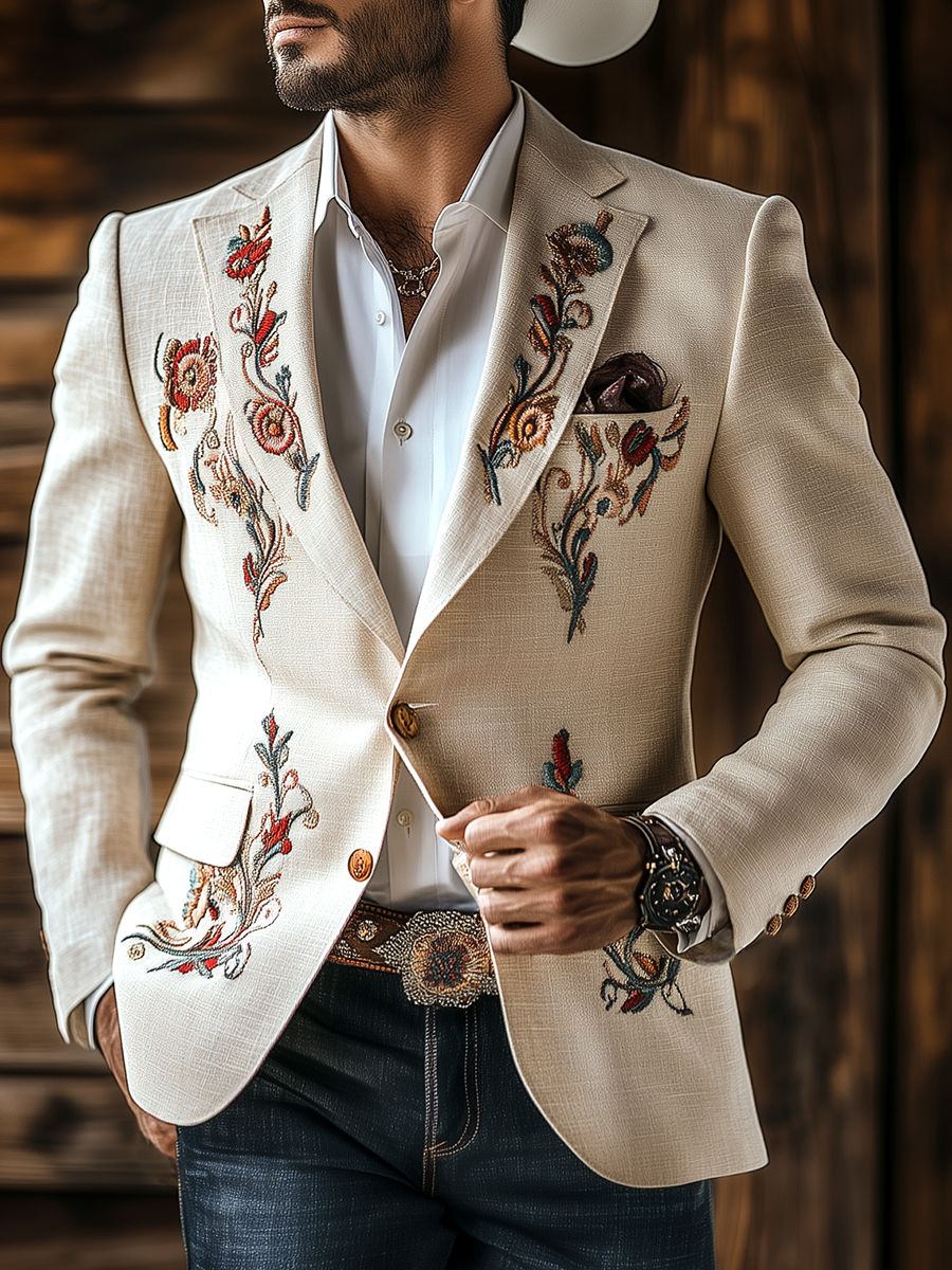 Vintage Western Style Embroidered Cotton and Linen Blazer