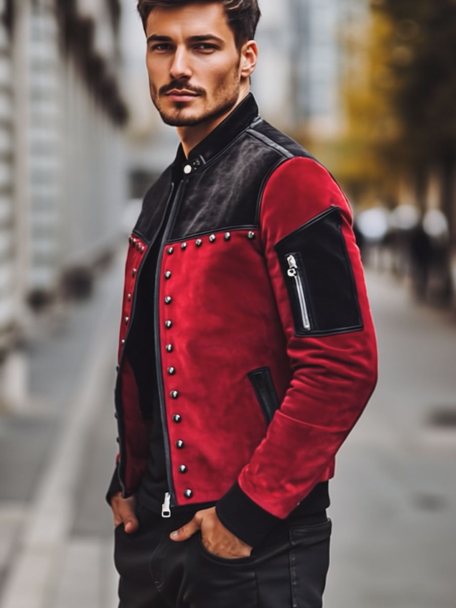 Men's Retro Contrast Color Stitching Suede Rivet Stand Collar Jacket - Image 2