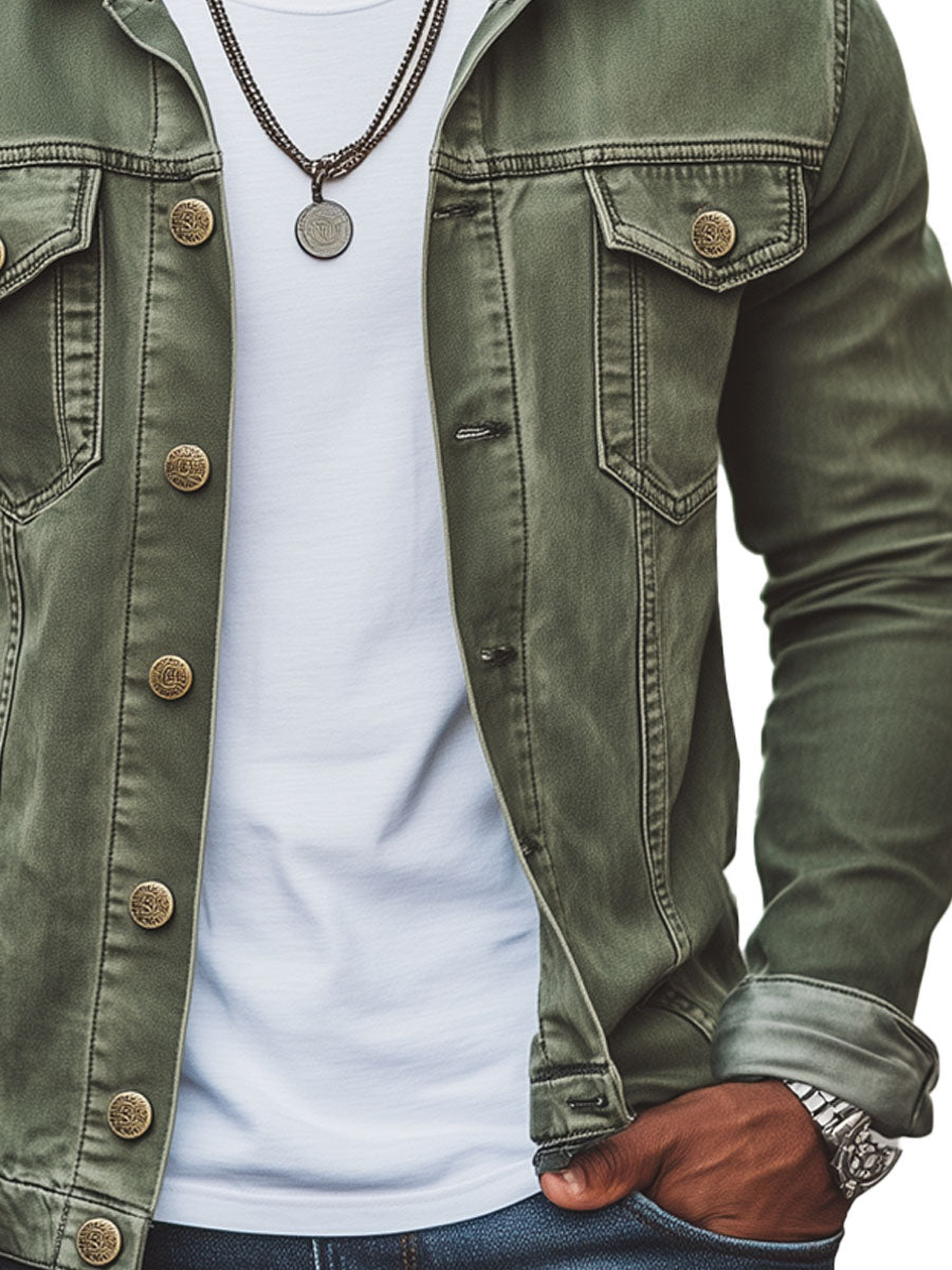 Men's Vintage Green Double Pocket Denim Jacket - Image 6