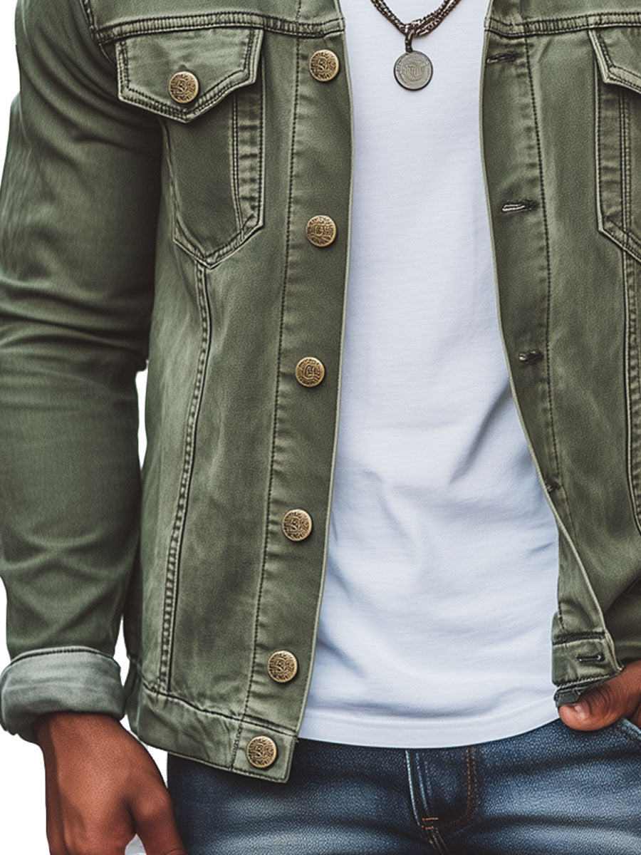 Men's Vintage Green Double Pocket Denim Jacket - Image 5