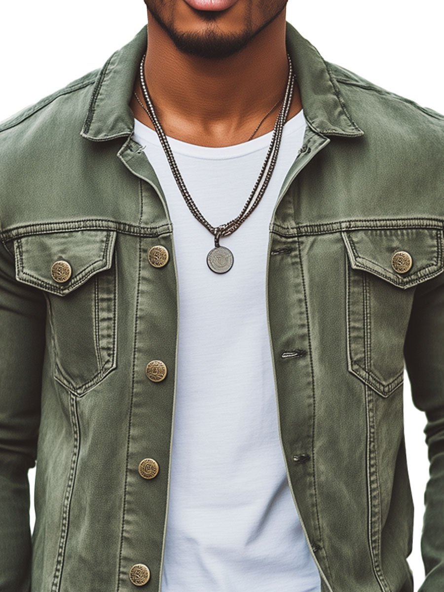 Men's Vintage Green Double Pocket Denim Jacket - Image 4