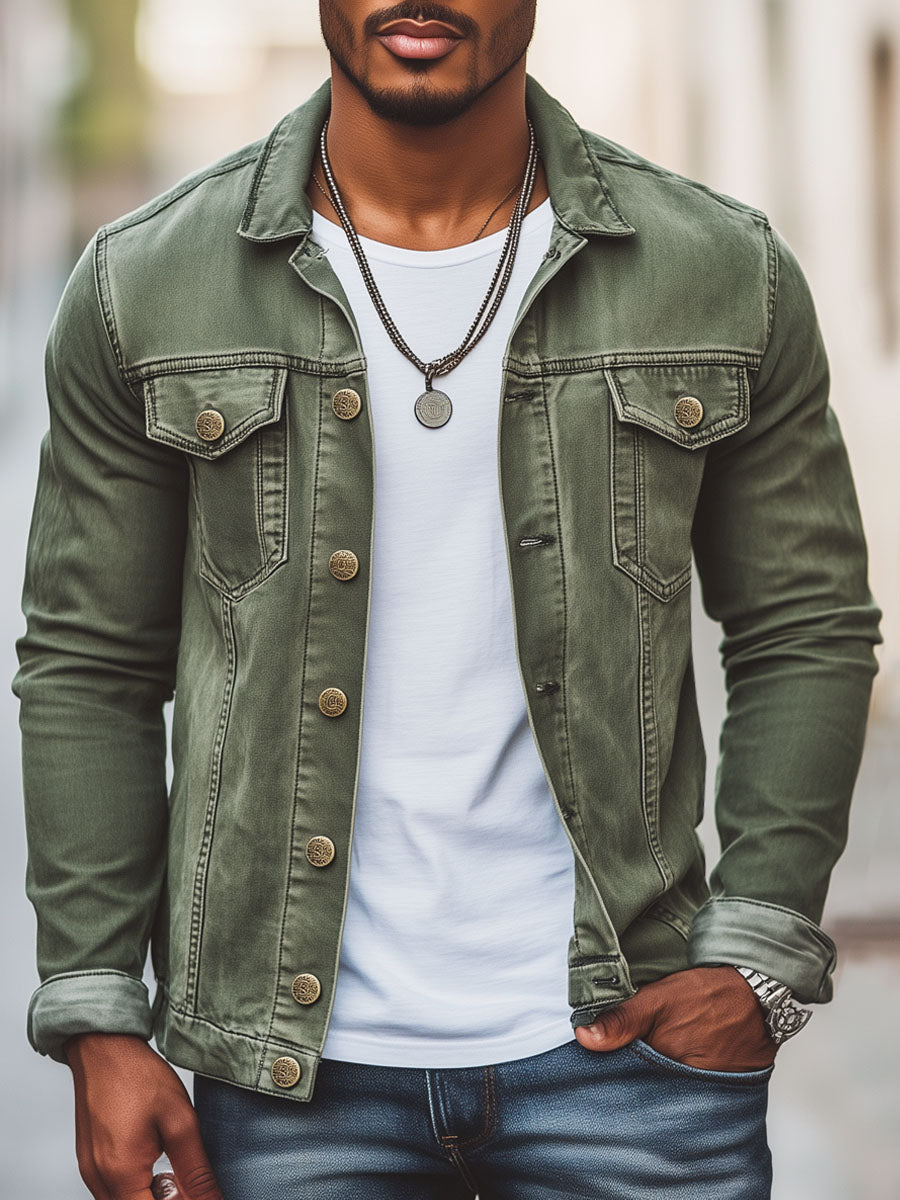 Men's Vintage Green Double Pocket Denim Jacket - Image 3