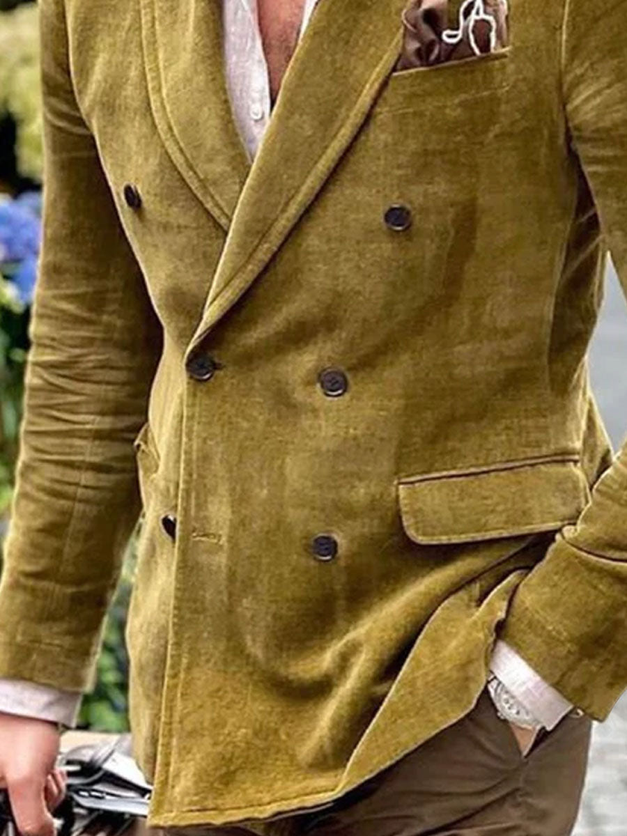 Velvet Lapel Double-Breasted 3-Pocket Vintage Blazer - Image 3