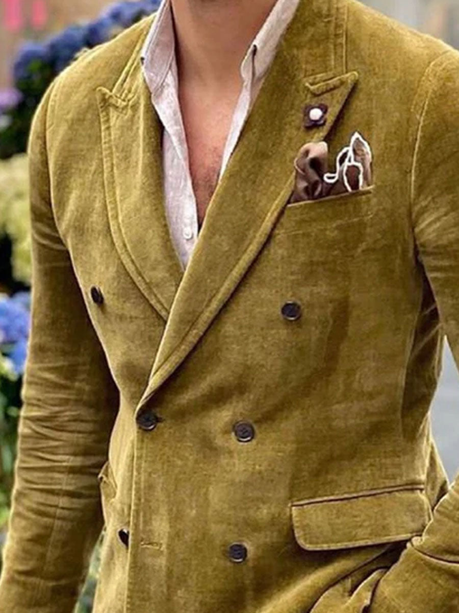 Velvet Lapel Double-Breasted 3-Pocket Vintage Blazer - Image 2