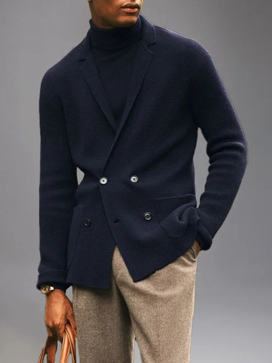 Notched Lapel Double Breasted Pockets Knitted Jacket - Image 2