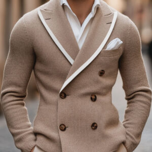 Men's Lapel Contrast Edge Double Breasted Elegant Knitted Blazer