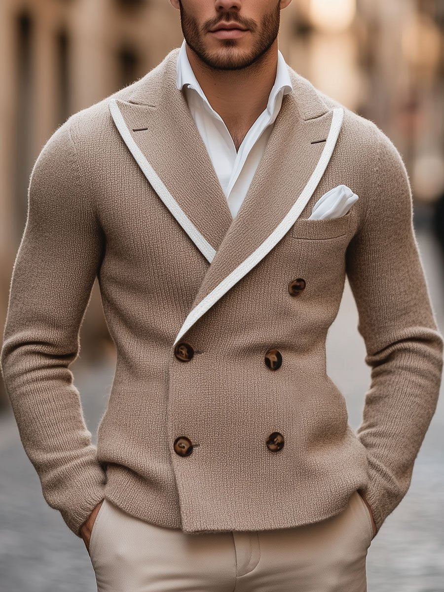 Men's Lapel Contrast Edge Double Breasted Elegant Knitted Blazer