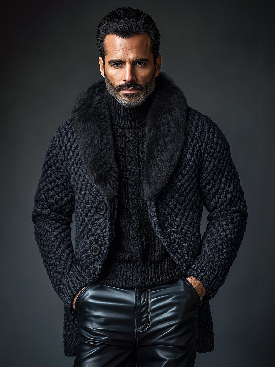 Vintage Faux Fur Collar Single-breasted Knitted Cardigan - Image 2