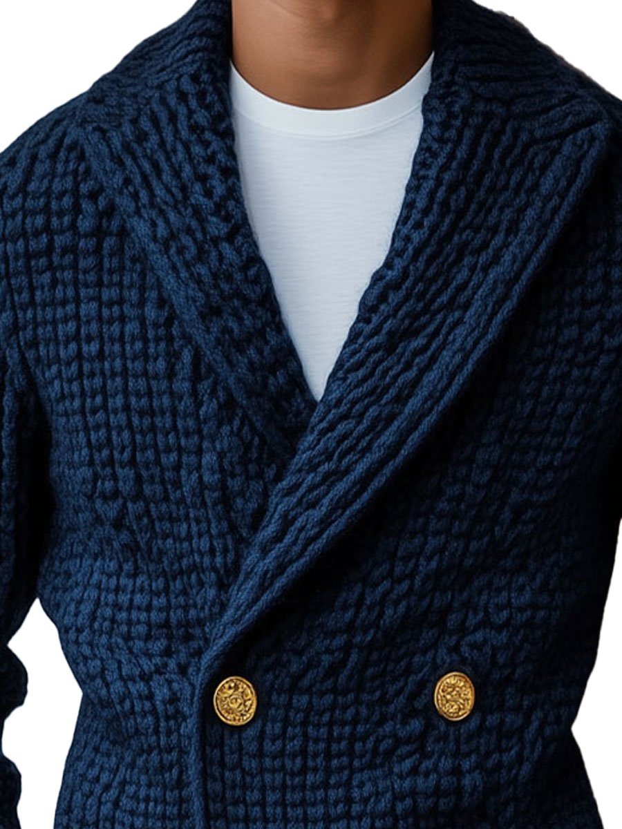 Men's Lapel Double Breasted Solid Color Knit Cardigan - Image 2