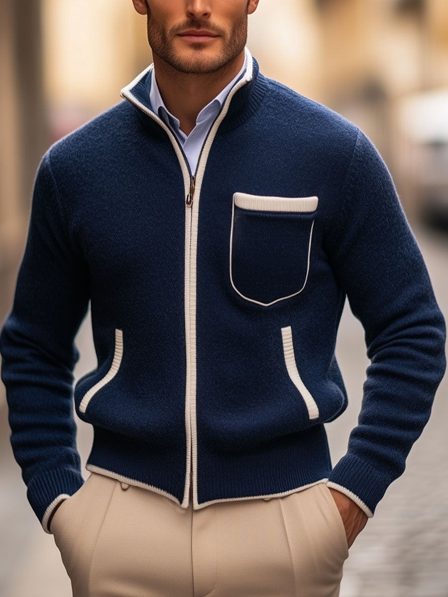 Men's Stand Collar Contrast Zipper Pocket Knit Cardigan