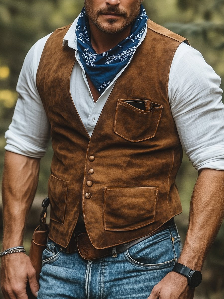 Outdoor V Neck Multi-pocket Suede Vest