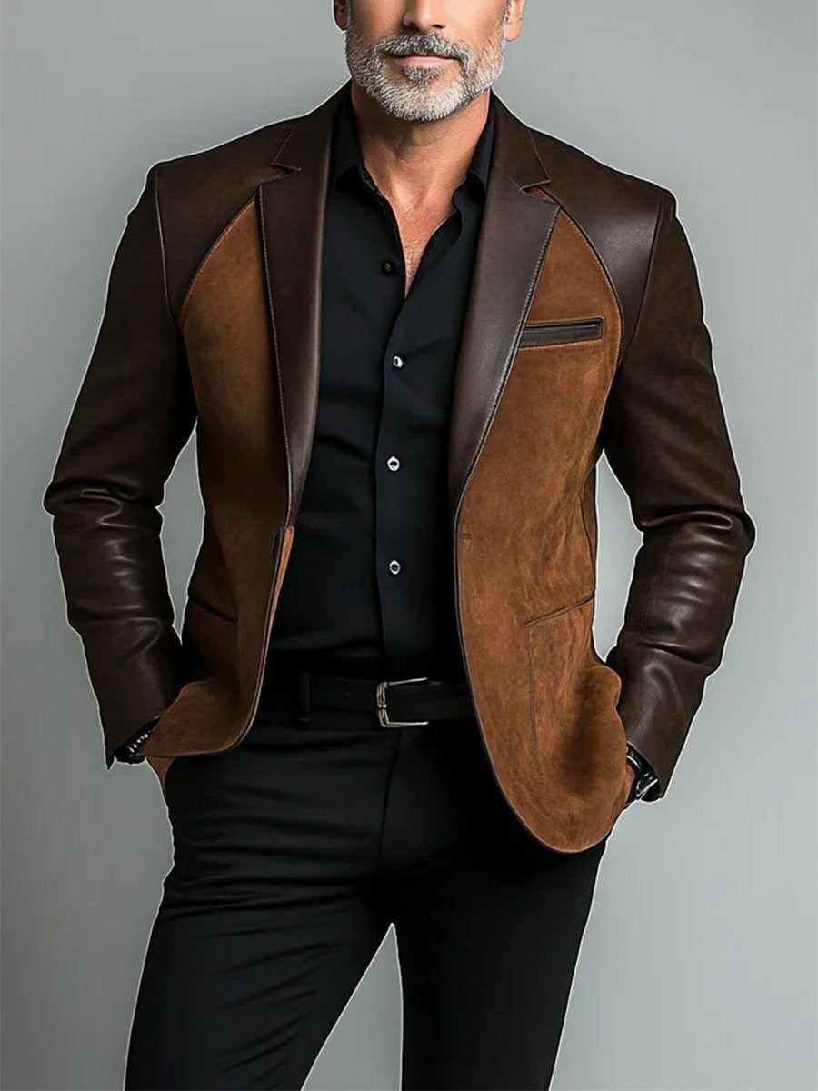 Men's Fashion Vintage PU Leather Patchwork Lapel Jacket - Image 2