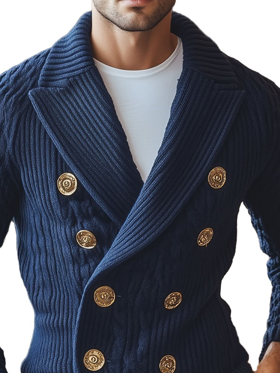 Men's Lapel Double Breasted Metal Button Elegant Knit Cardigan - Image 3