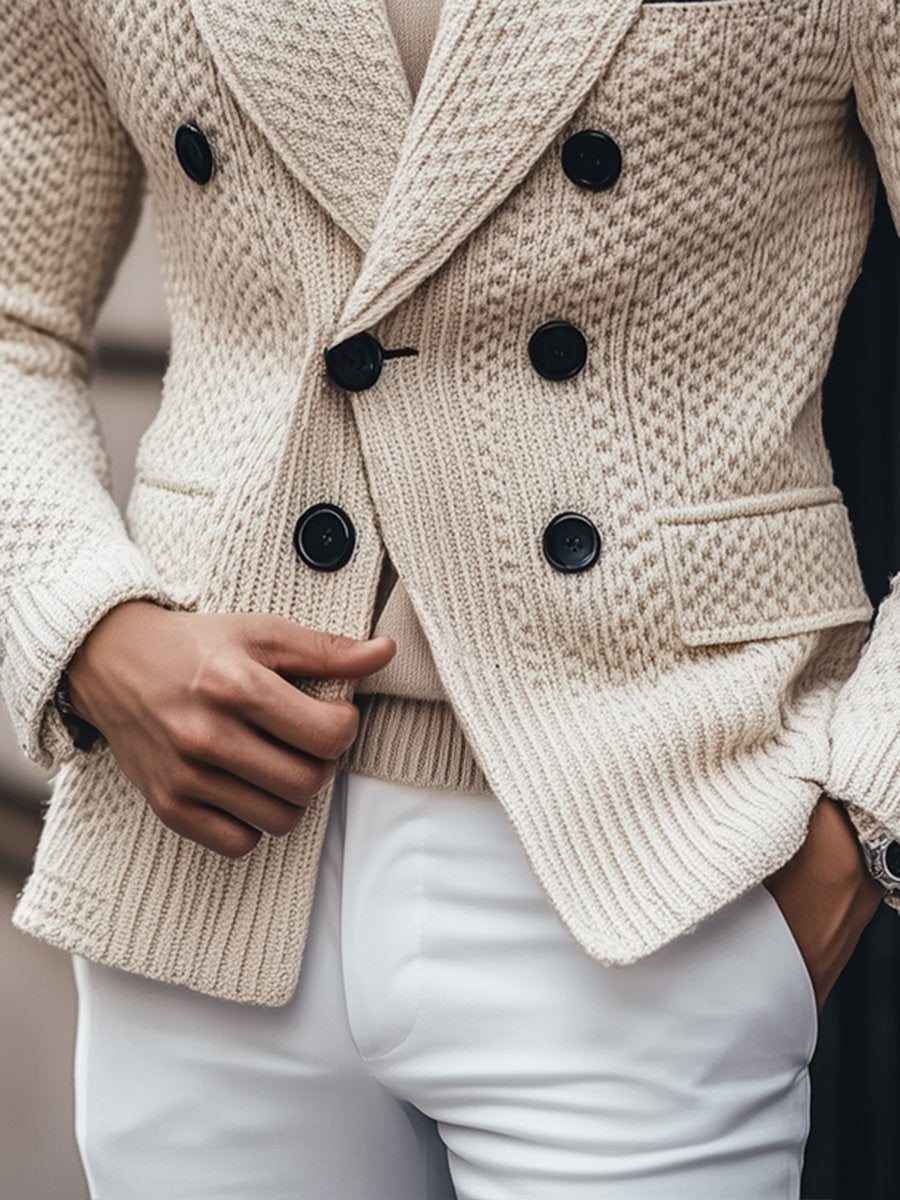 Business 3 Pocket Lapel Vintage Double-breasted Knitted Blazer - Image 3