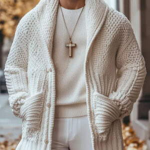 Men’s Solid Color Lapel Single-Breasted Double-Pocket Warm Knitted Cardigan