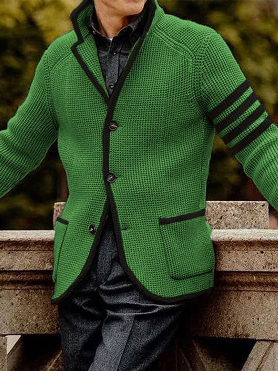 Contrast Lapel Single-Breasted Double-Pocket Casual Knitted Cardigan