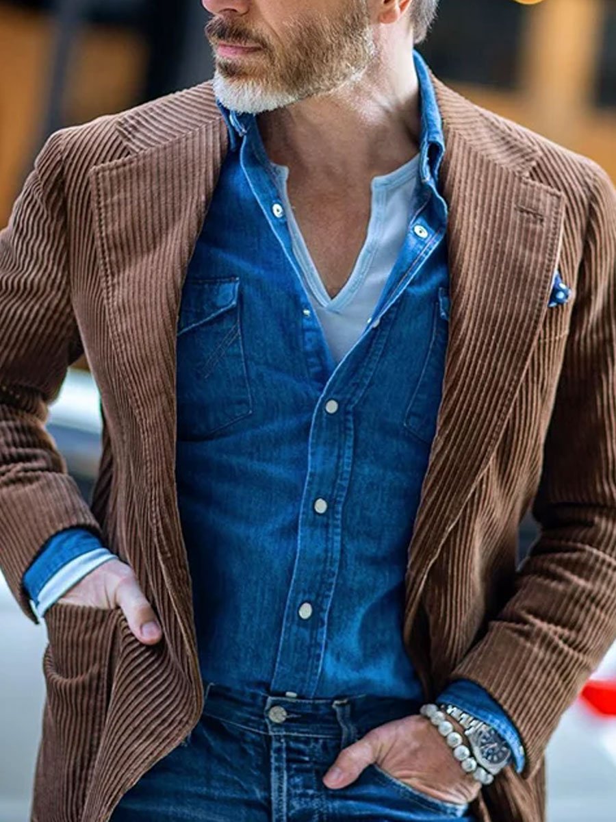 Retro Solid Color Corduroy Casual Blazer - Image 4