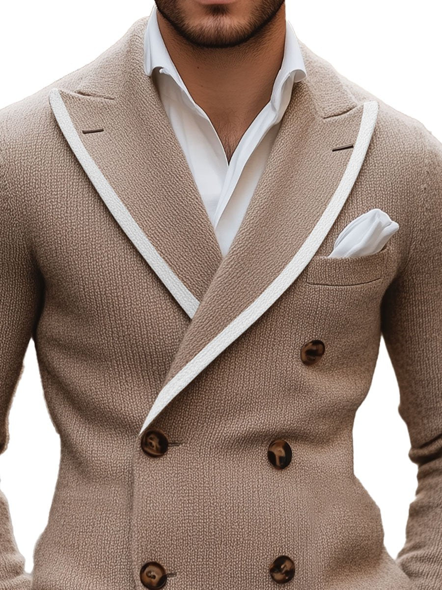 Men's Lapel Contrast Edge Double Breasted Elegant Knitted Blazer - Image 2