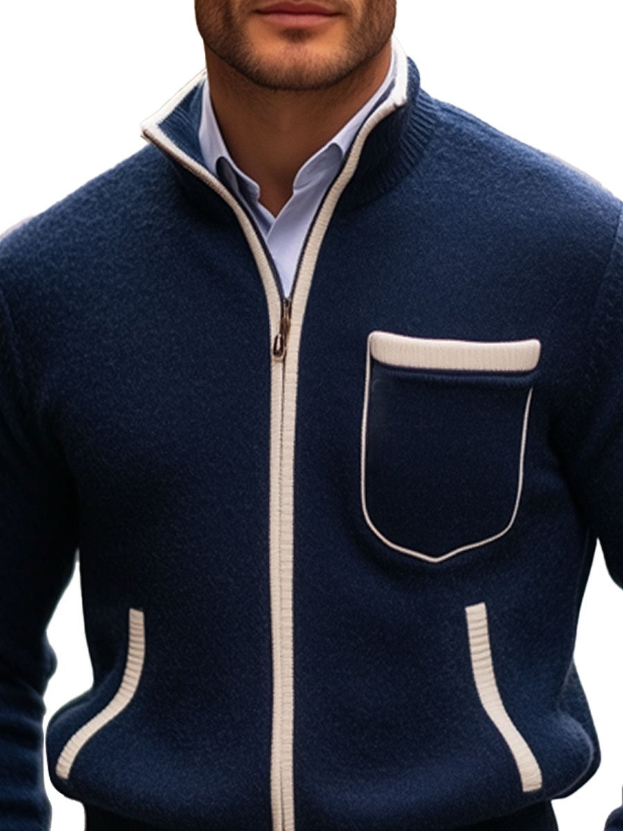 Men's Stand Collar Contrast Zipper Pocket Knit Cardigan - Image 2