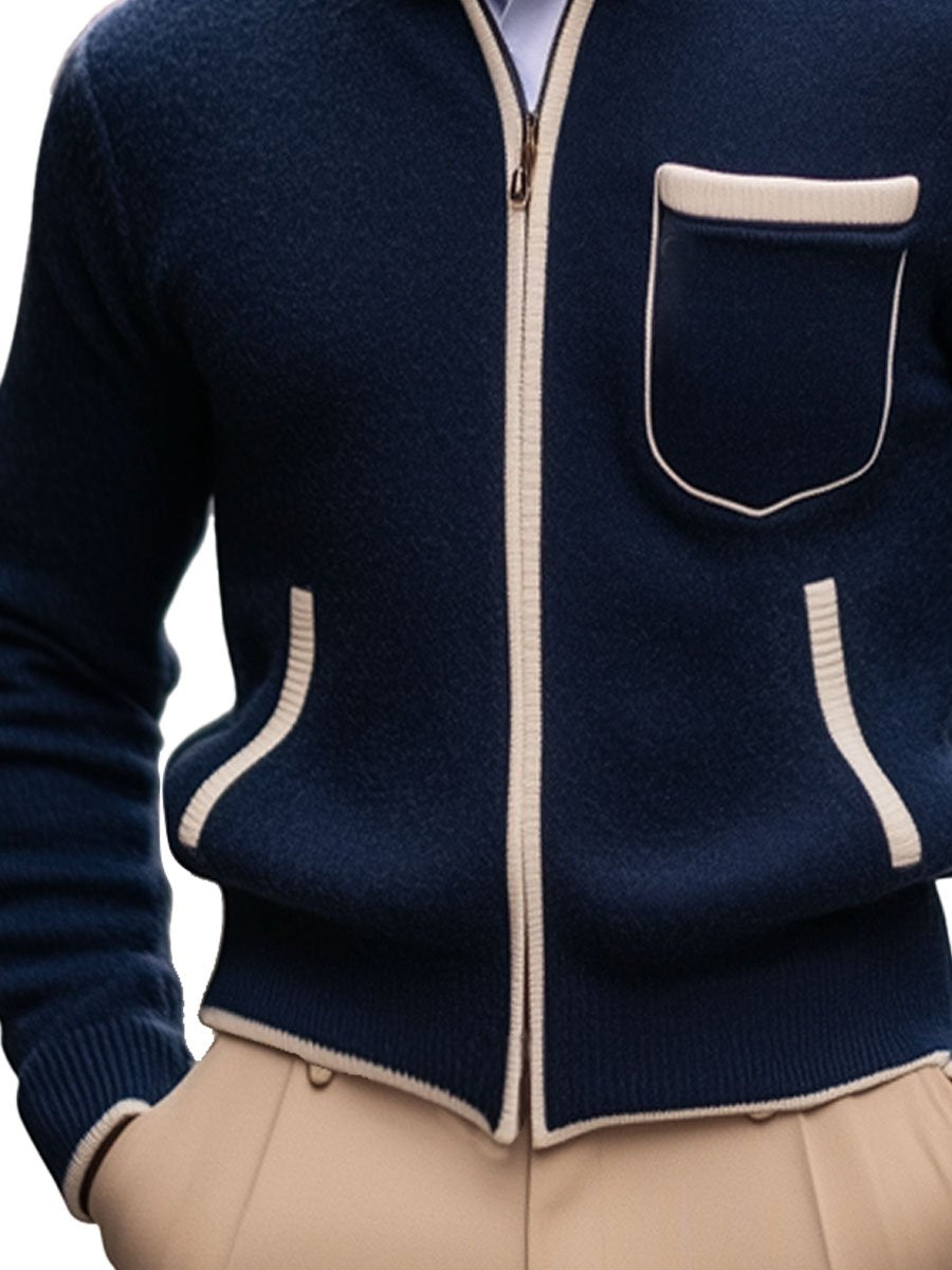 Men's Stand Collar Contrast Zipper Pocket Knit Cardigan - Image 3