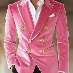 Men's Contrast Pink Velvet Double-Breasted Vintage Blazer