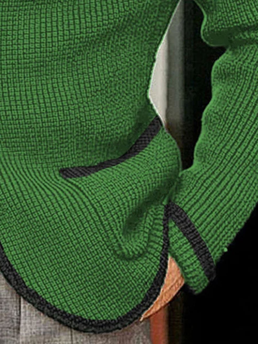 Contrast Lapel Single-Breasted Double-Pocket Casual Knitted Cardigan - Image 2