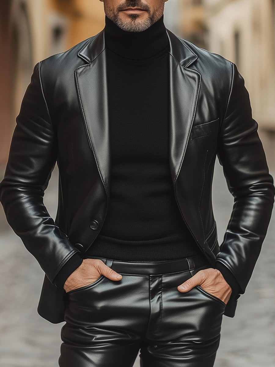 Casual Fashion Lapel 3 Pocket Leather Jacket