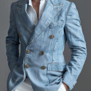 Men’s Double Breasted Pocket Casual Denim Blazer
