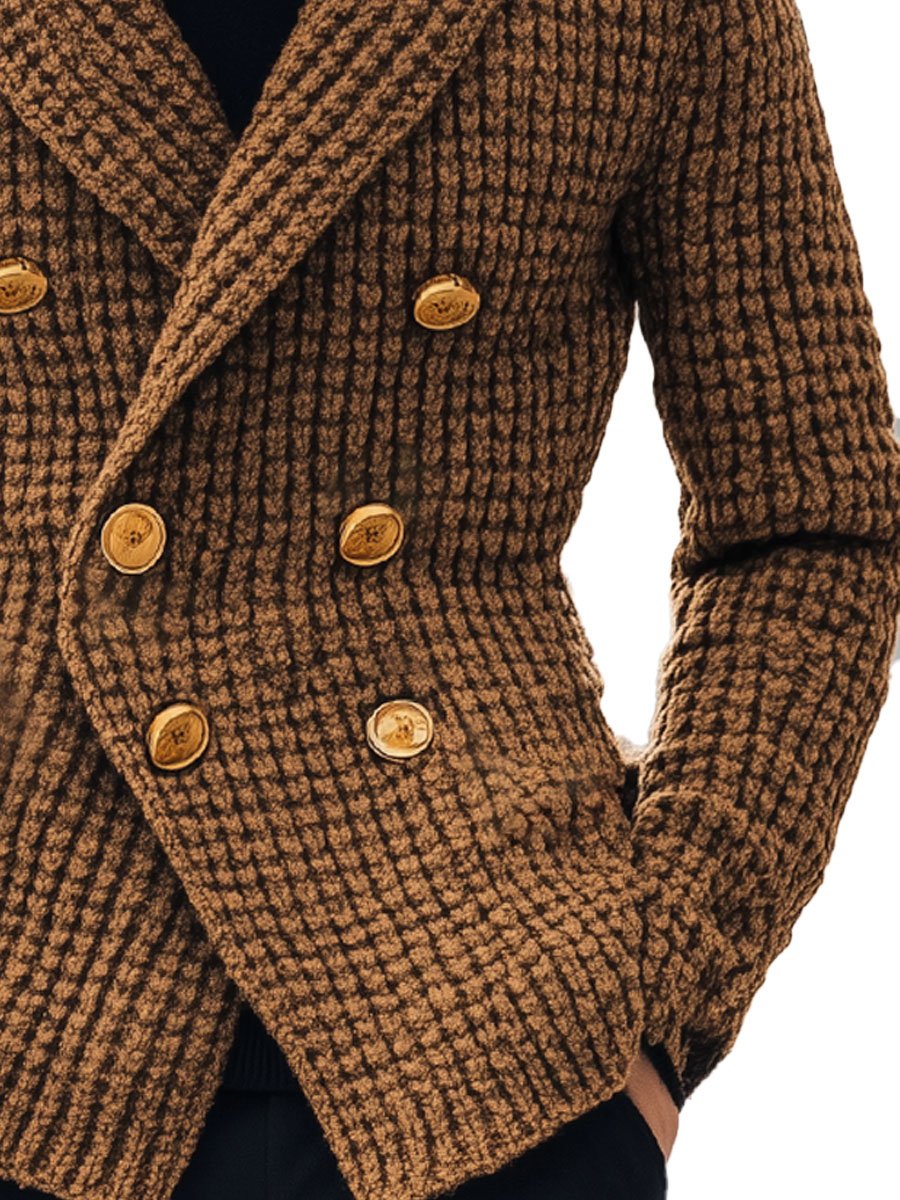 Men's Lapel Double Breasted Metal Button Vintage Knit Cardigan - Image 3