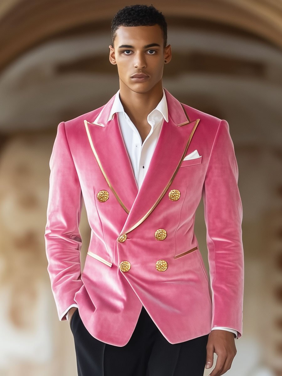 Men's Contrast Pink Velvet Double-Breasted Vintage Blazer - Image 3