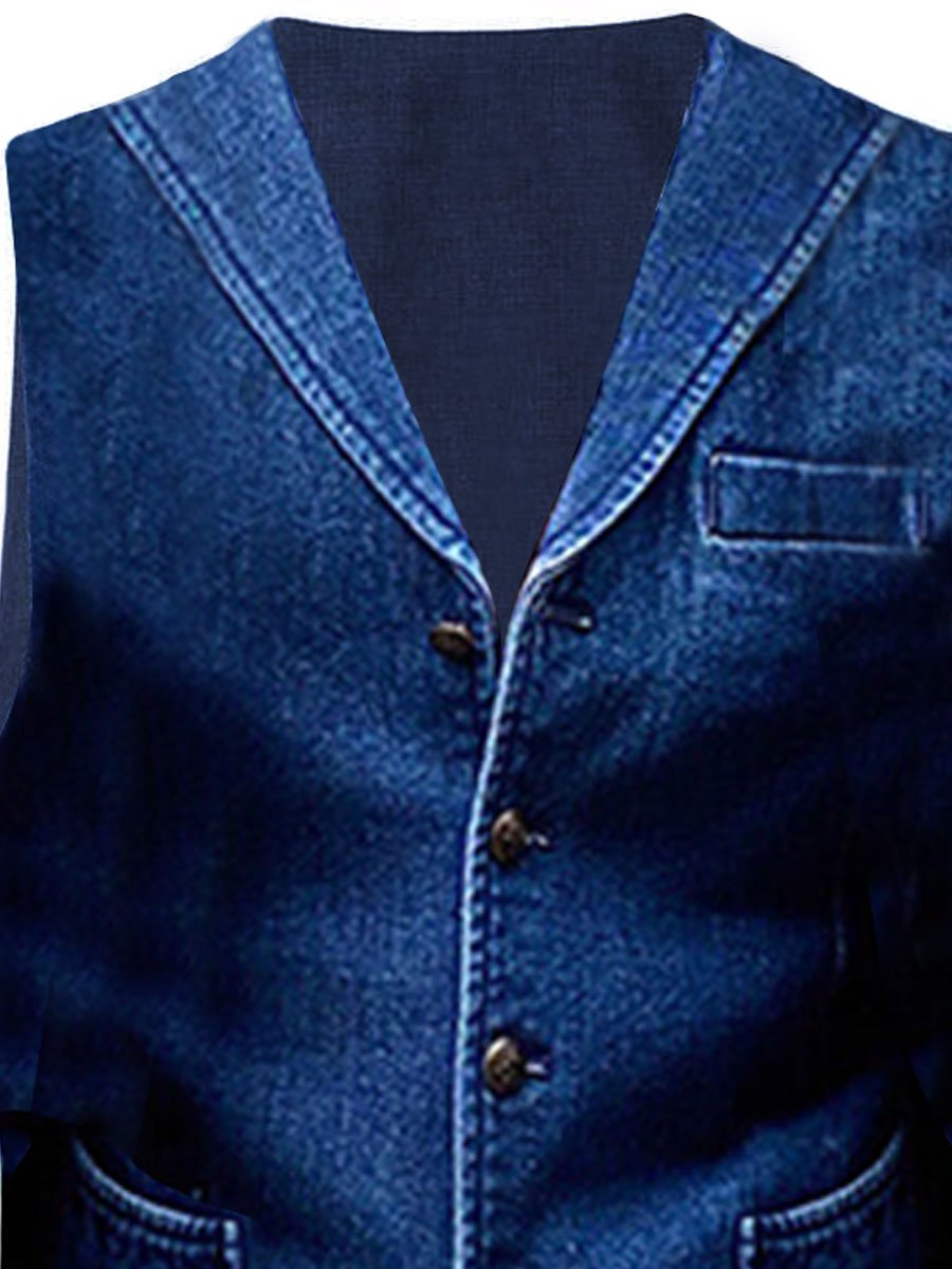 Men's Pocket Retro Solid Color Denim Suit Vest