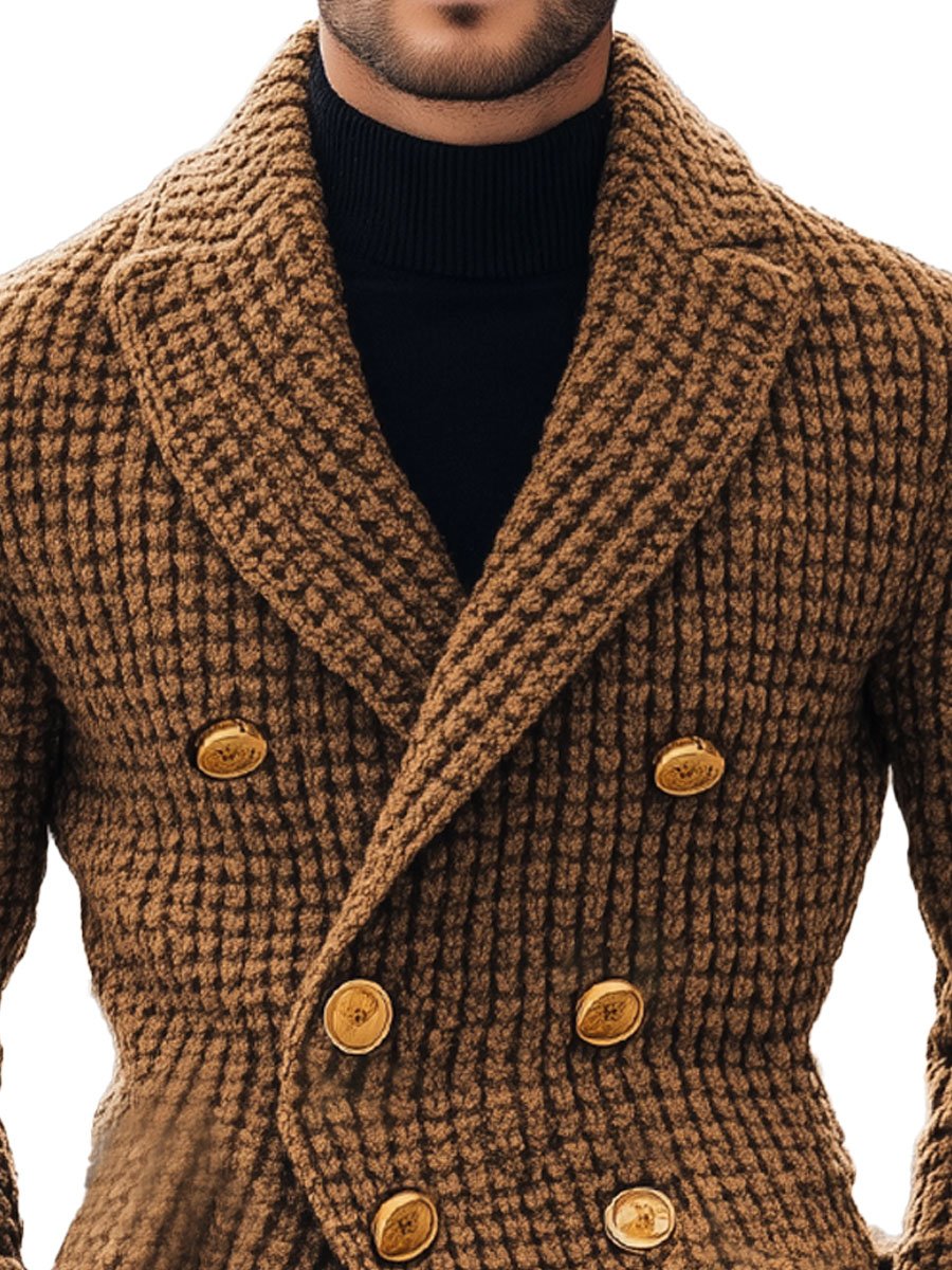 Men's Lapel Double Breasted Metal Button Vintage Knit Cardigan - Image 2
