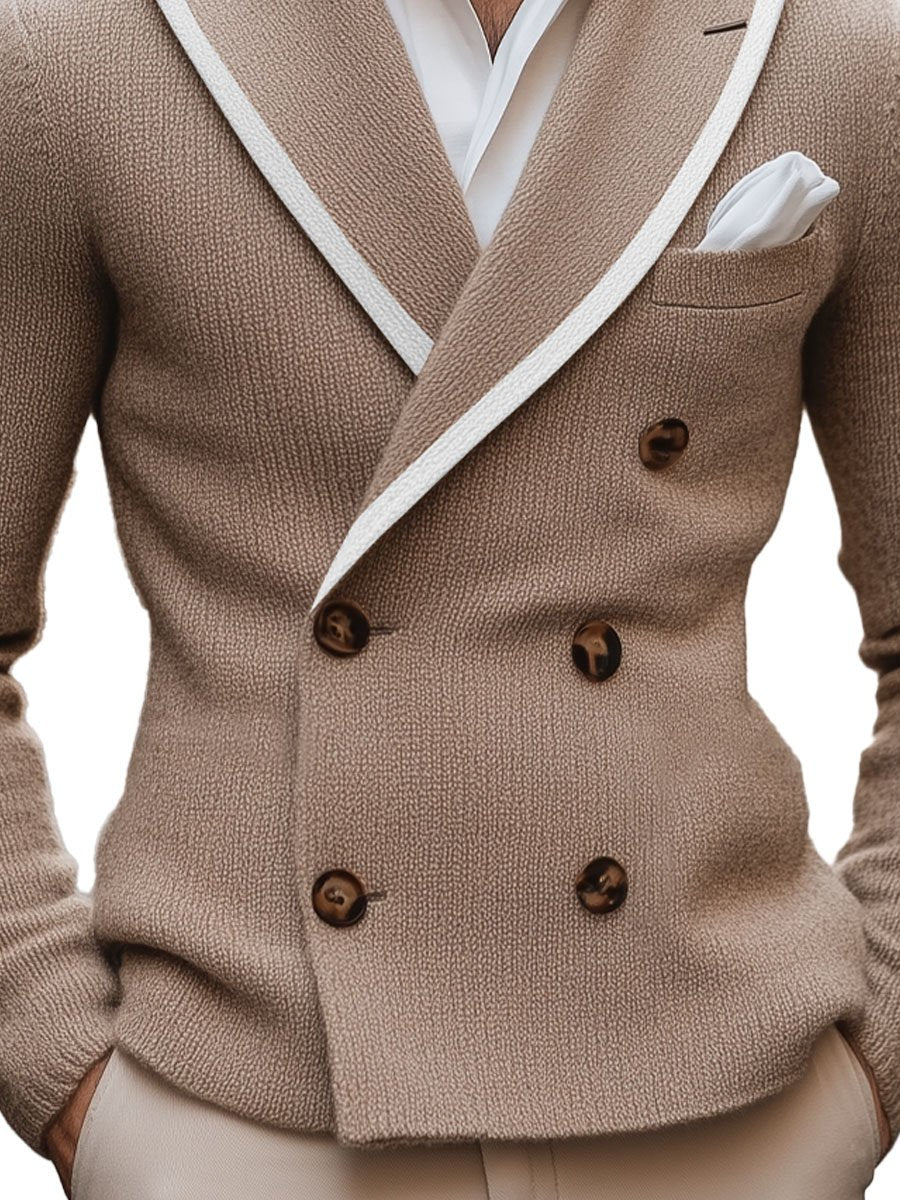 Men's Lapel Contrast Edge Double Breasted Elegant Knitted Blazer - Image 3