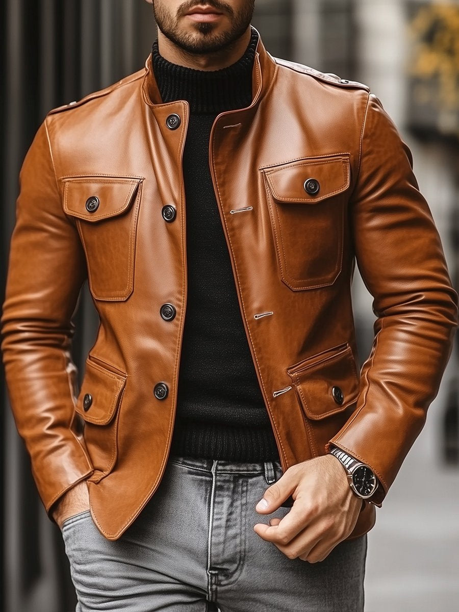Casual Fashion Leather Stand Collar Single Breasted Jacket