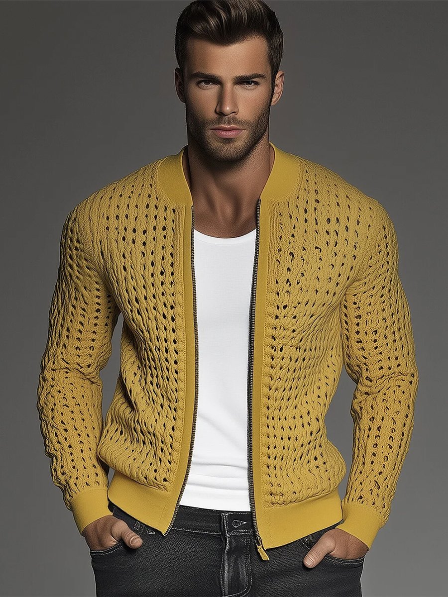 Men's Hollow Out Knit Stand Collar Zip Up Jacket - Image 2